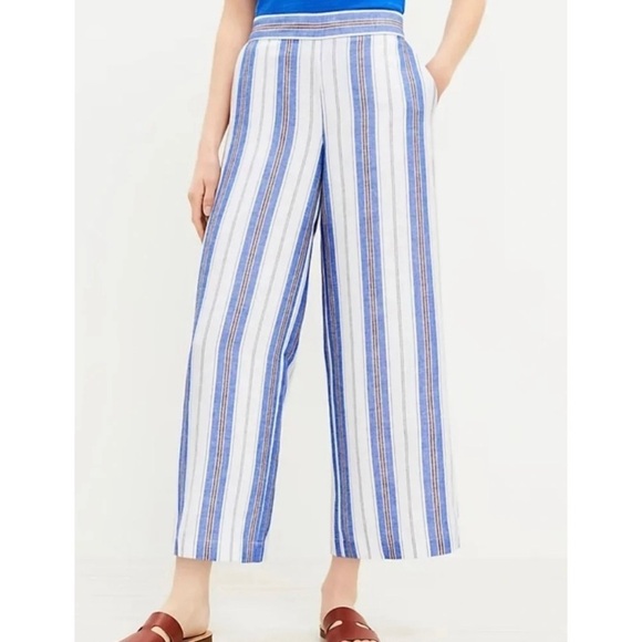 LOFT Linen Blend Blue Brown and White Striped Cropped Wide Leg Pants Size XL - Picture 1 of 8
